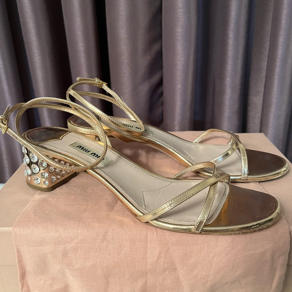 Miu Miu Gold Strappy Heels with Crystal Embellishments